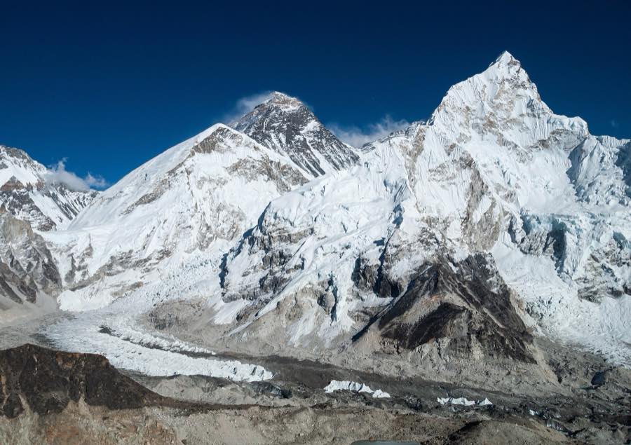 Mount Everest and Nuptse rising above the Khumbu Glacier